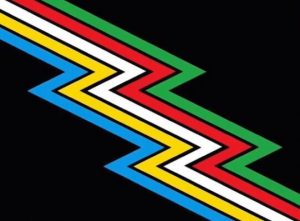 Rainbow lightning bolts with a black background: Disability Pride Flag.