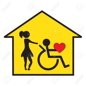Two people in a house: One person in a skirt assisting an individual using a wheelchair, holding a heart. 